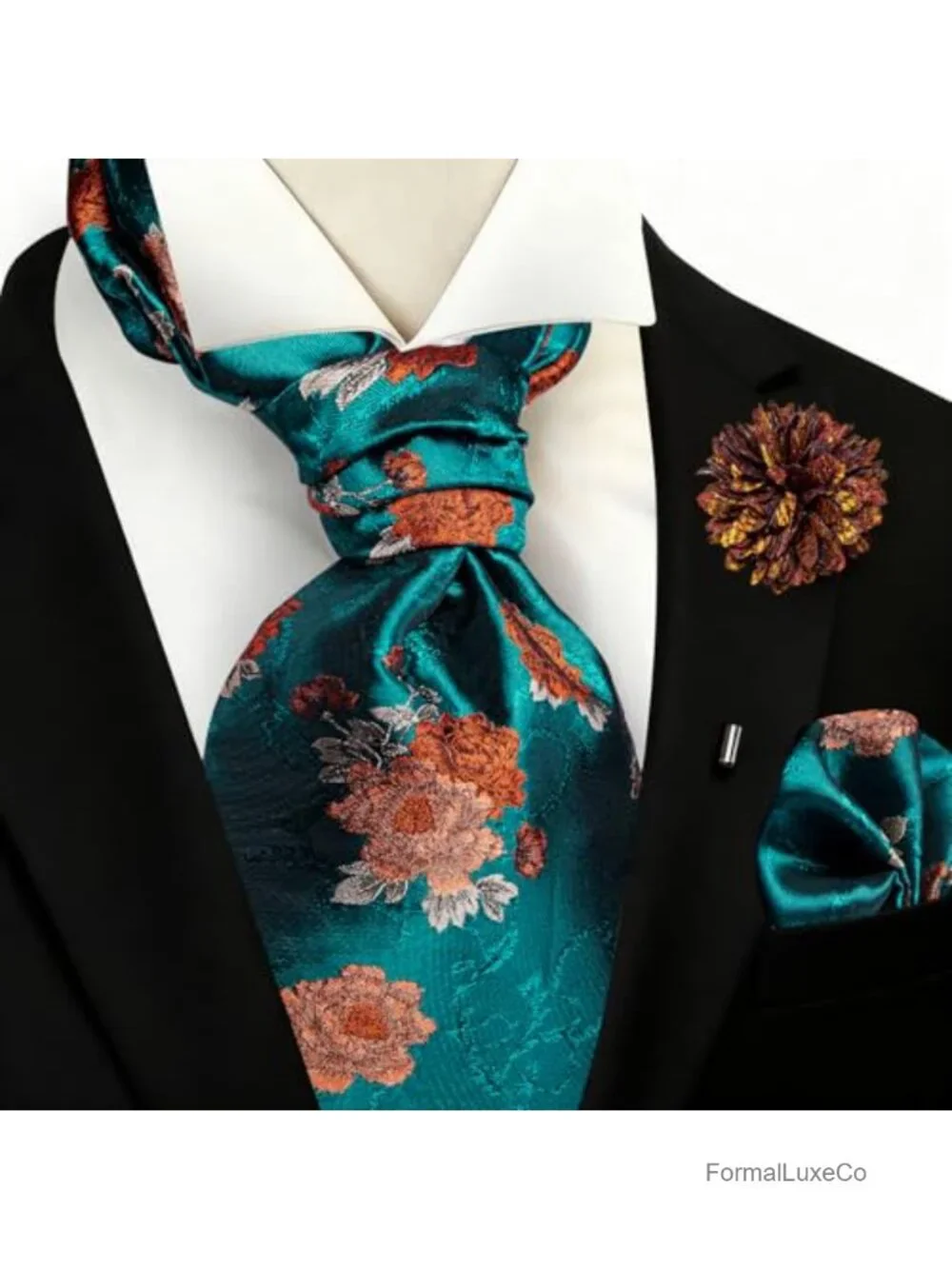 Paisley Floral Self Tie Silk Ascot Cravat Set with Pocket Square & Pin